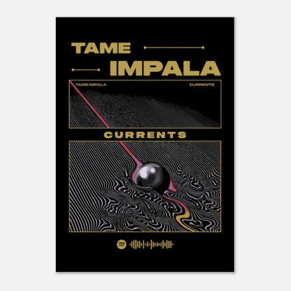 Tame Impala Currents metal poster featuring vibrant artwork on a sleek black background.