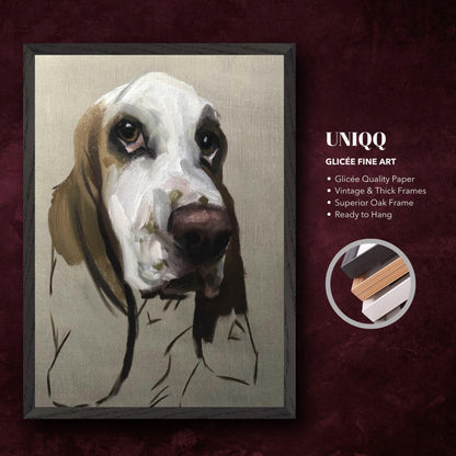 Basset Hound dog painting in a vintage oak frame, showcasing fine art quality and detail, ready to hang.