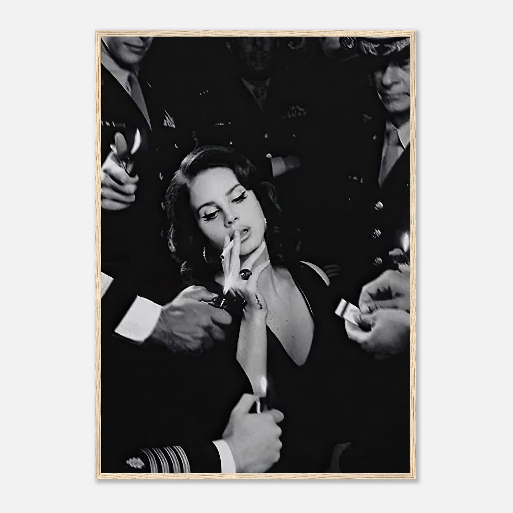 Framed print of Lana Del Ray smoking, showcasing a vintage Hollywood aesthetic in black and white.