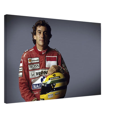 Ayrton Senna canvas print featuring the legendary racer with his helmet, perfect for motorsport enthusiasts' decor.