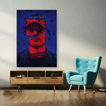 Max Verstappen brushed metal print displayed in a modern living room setting with blue accent chair and stylish decor.