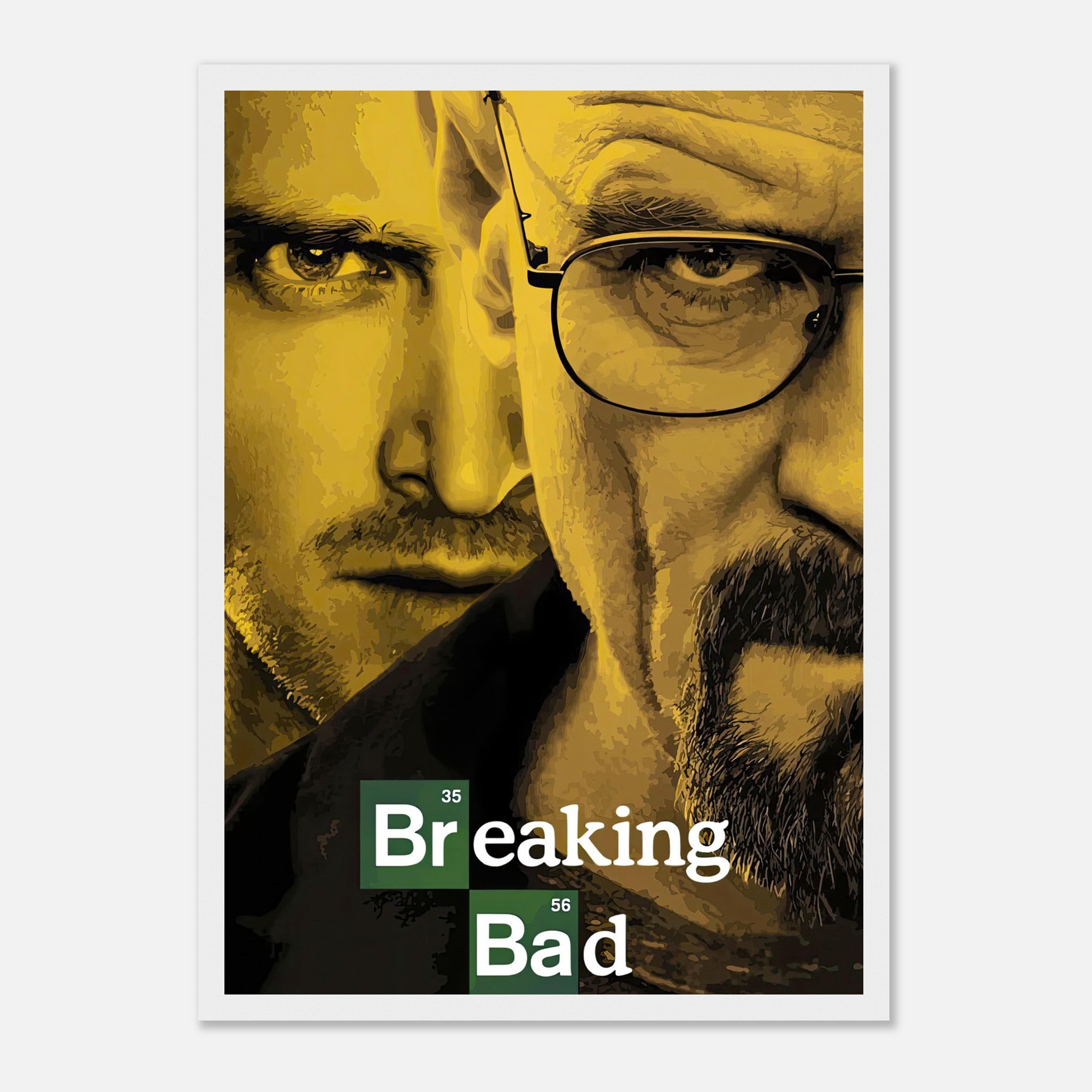 Breaking Bad official framed poster featuring iconic characters in bold yellow tones, perfect for fans of the Emmy-winning series.