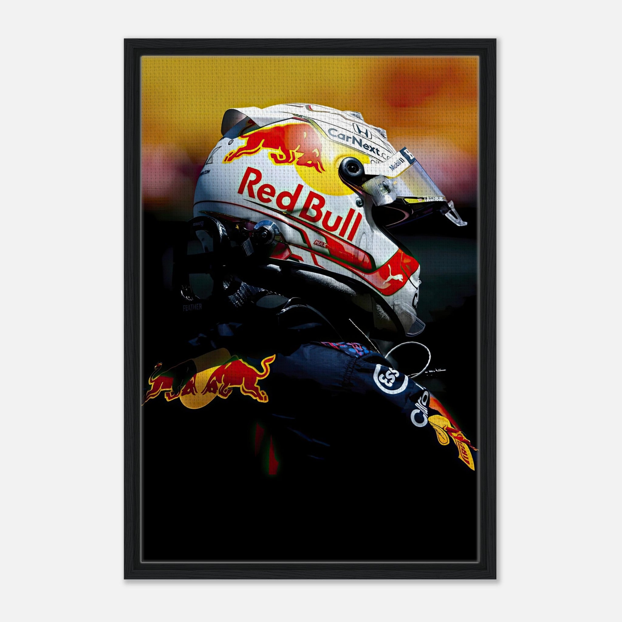 Framed canvas print of Max Verstappen showcasing his Red Bull racing helmet in vibrant detail.