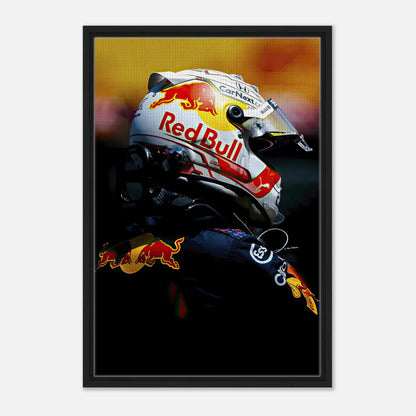 Framed canvas print of Max Verstappen showcasing his Red Bull racing helmet in vibrant detail.