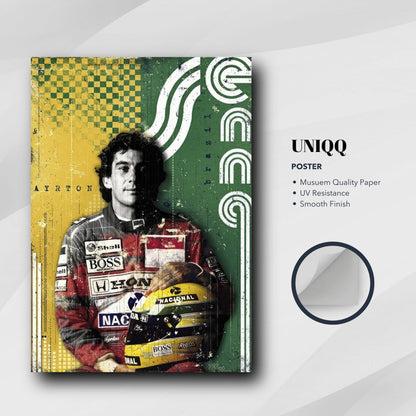 Ayrton Senna F1 Legend poster showcasing vibrant design and high-quality print celebrating the iconic racer's legacy.