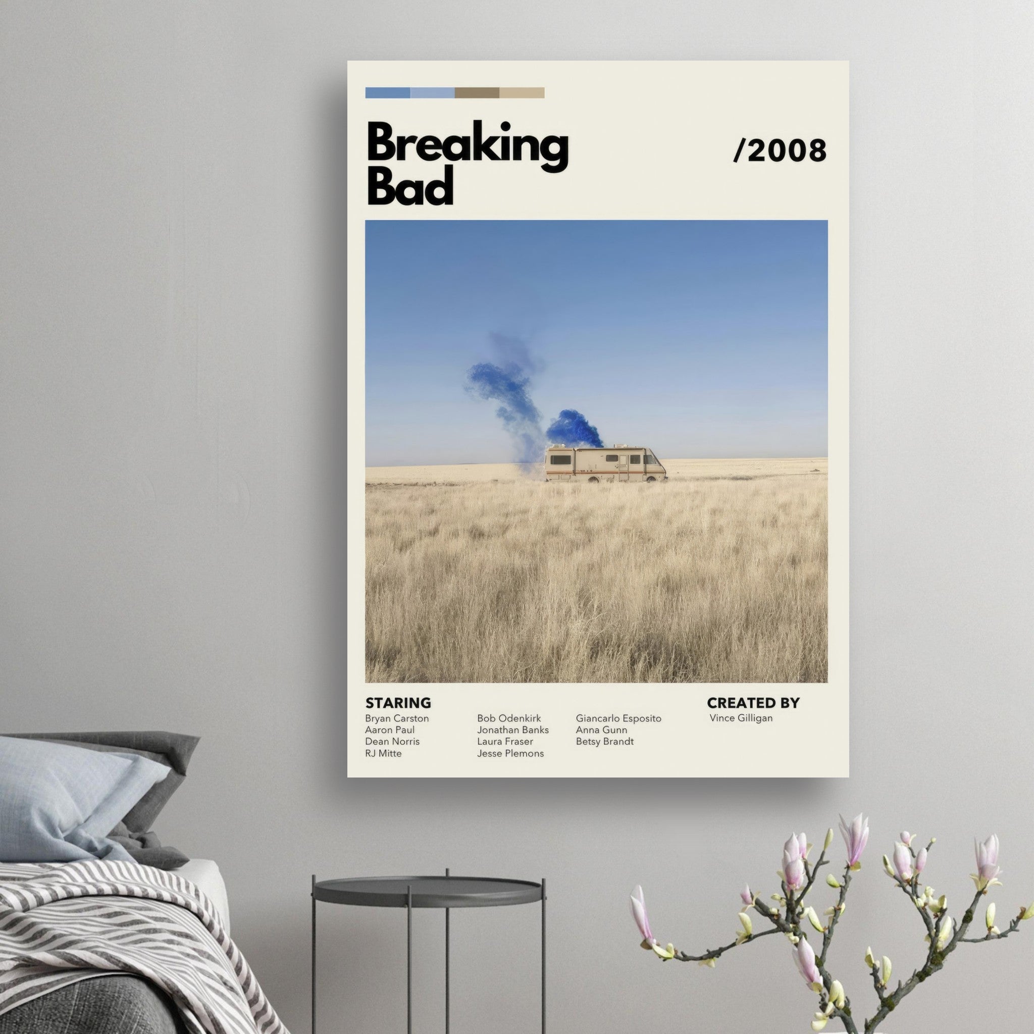 Vintage Breaking Bad poster featuring RV in desert with blue smoke, evoking nostalgia for the iconic series.