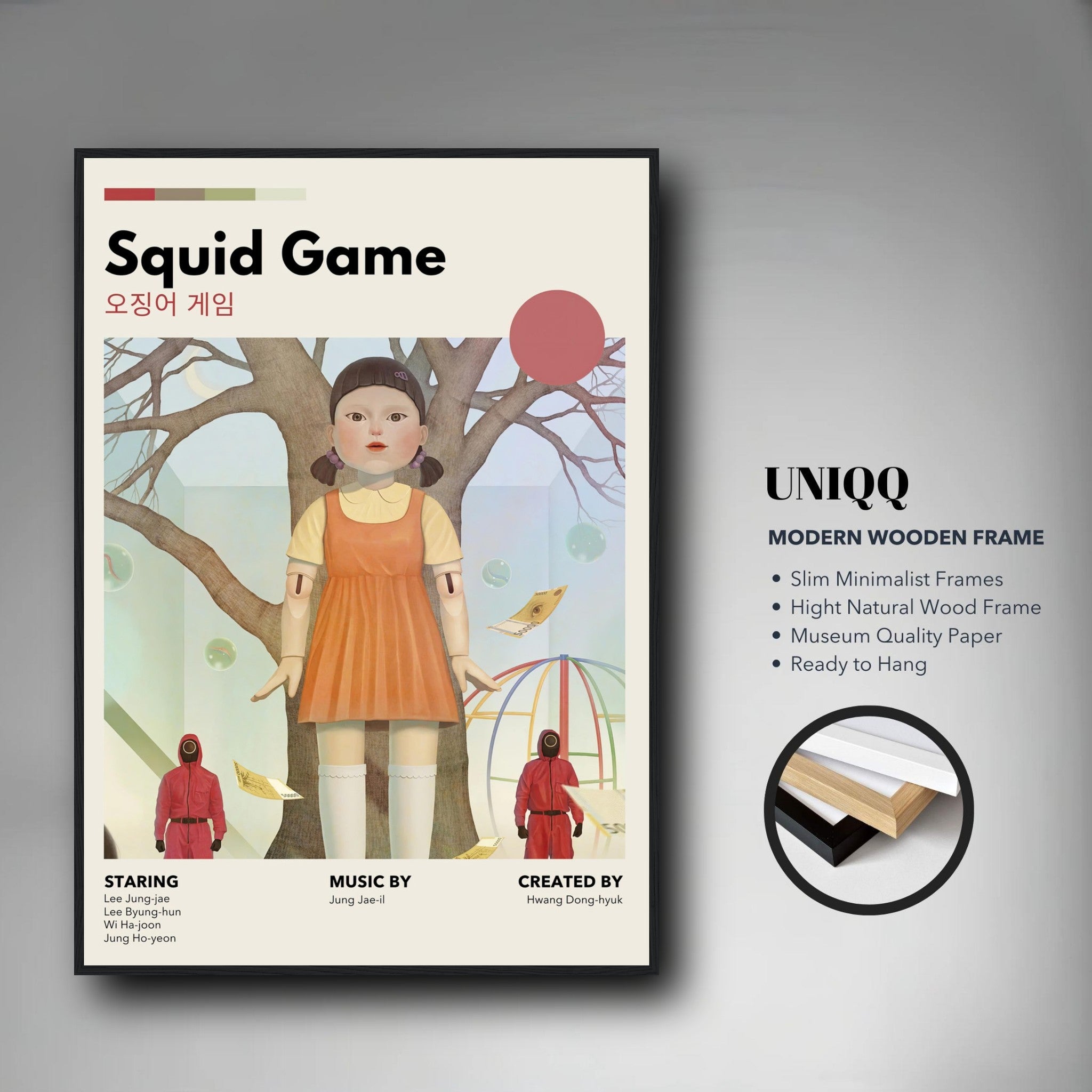 Vintage Squid Game framed poster featuring Red Light, Green Light doll with minimalist design, ready to hang artwork.