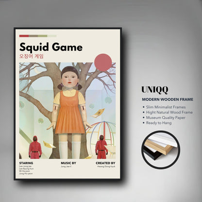 Vintage Squid Game framed poster featuring Red Light, Green Light doll with minimalist design, ready to hang artwork.