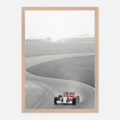 1988 Ayrton Senna McLaren MP4/4 framed Giclée fine art photography capturing a thrilling moment on the racetrack.