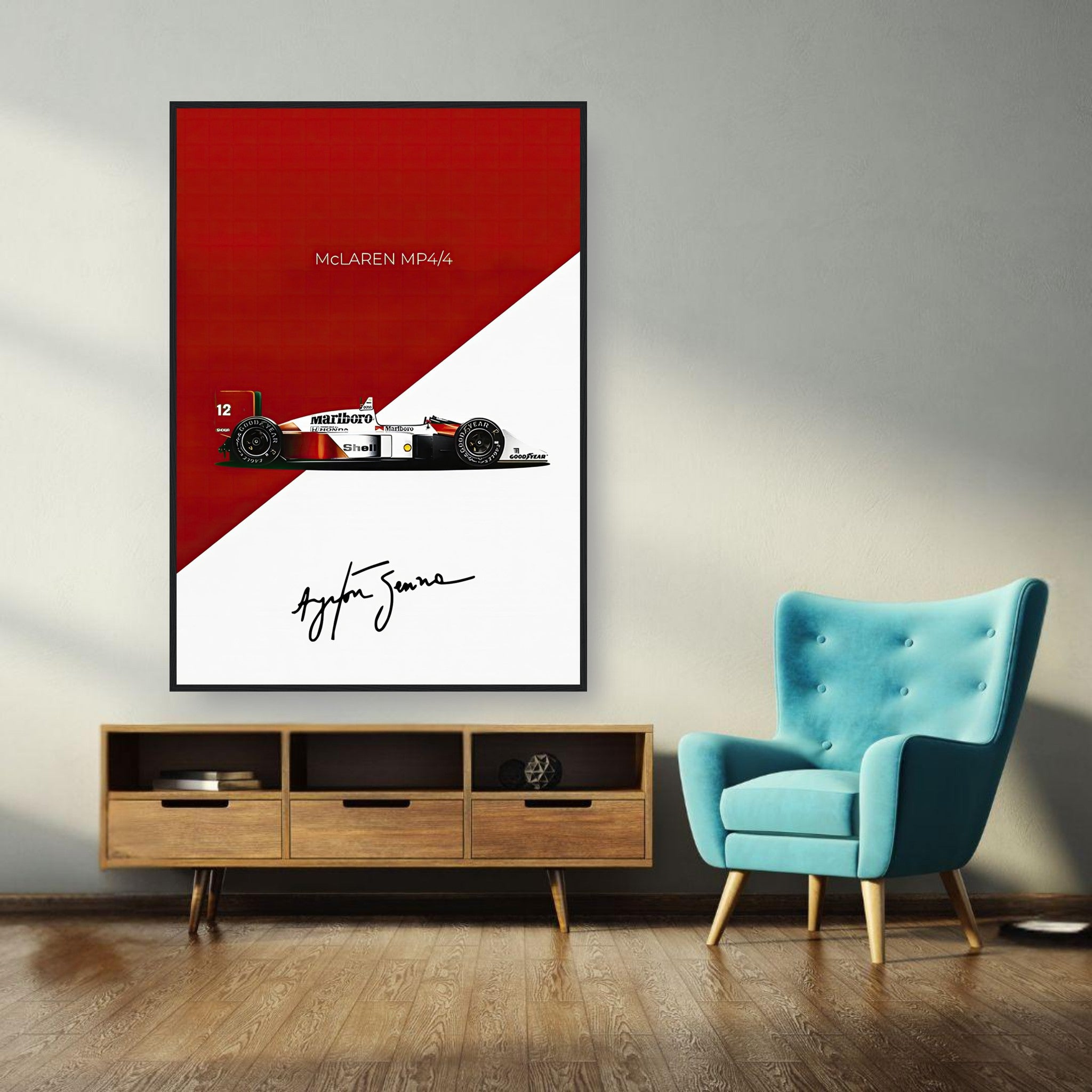 Ayrton Senna McLaren MP4/4 framed print on wall, featuring bold red and white design with signature.