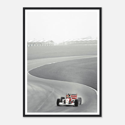 Black and white framed print of Ayrton Senna driving the McLaren MP4/4 during the 1988 Formula 1 season.