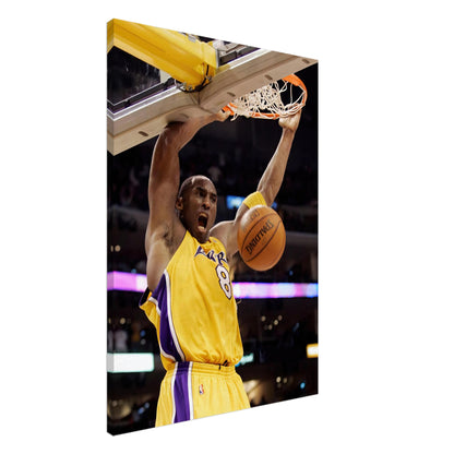 Kobe Bryant's iconic slam dunk canvas print showcasing his athleticism and energy during a basketball game.