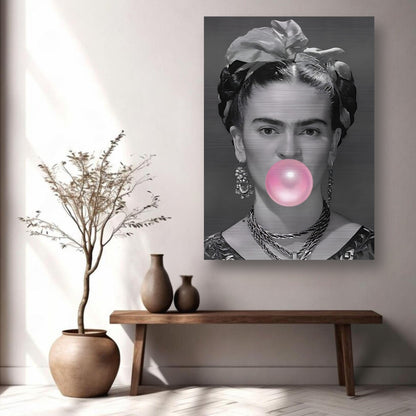 Frida Kahlo Bubble Gum artwork on brushed metal, showcasing a playful, modern twist in a stylish interior setting.