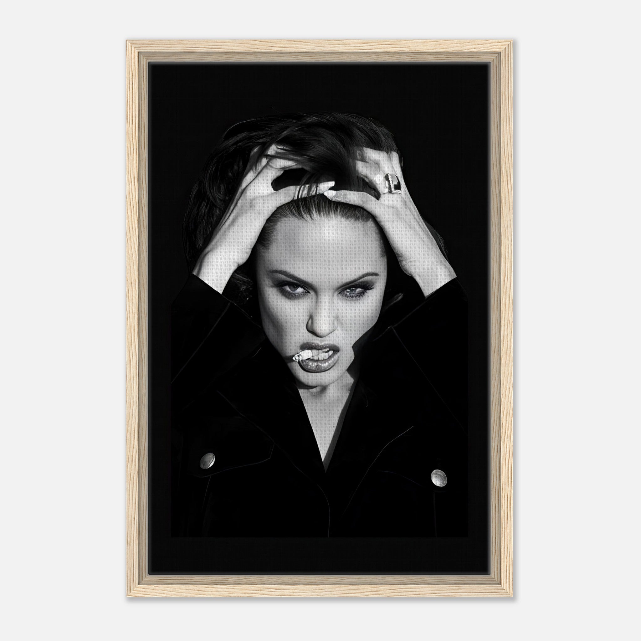 Angelina Jolie Smoking Framed Canvas Print, capturing elegance and rebellion in a striking artwork. Perfect for any space.