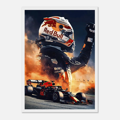 Max Verstappen framed print showcasing him in Red Bull colors with dramatic background, perfect for Formula 1 fans.