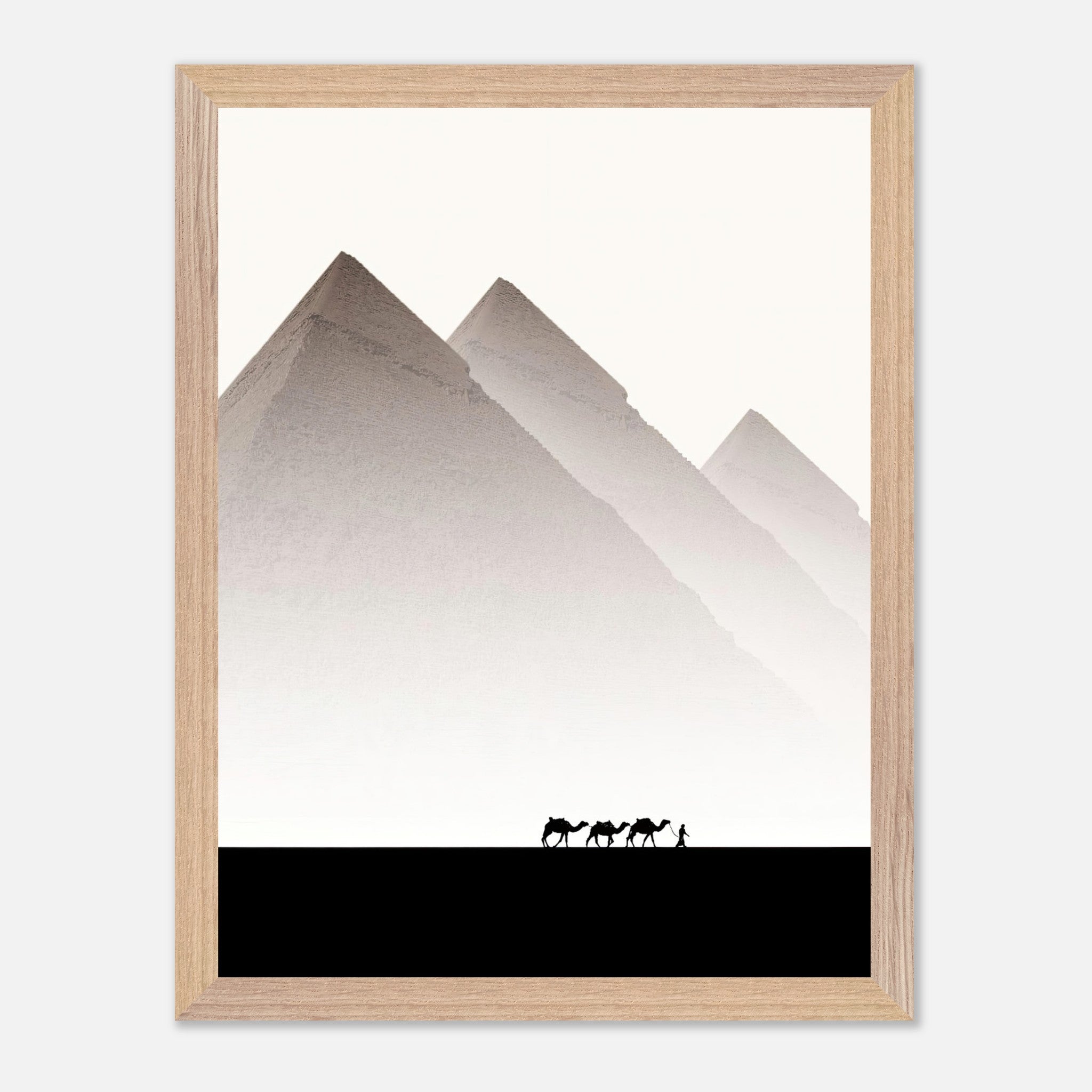 Pyramids of Giza framed art print featuring camels against a soft sky, showcasing minimalist travel photography.