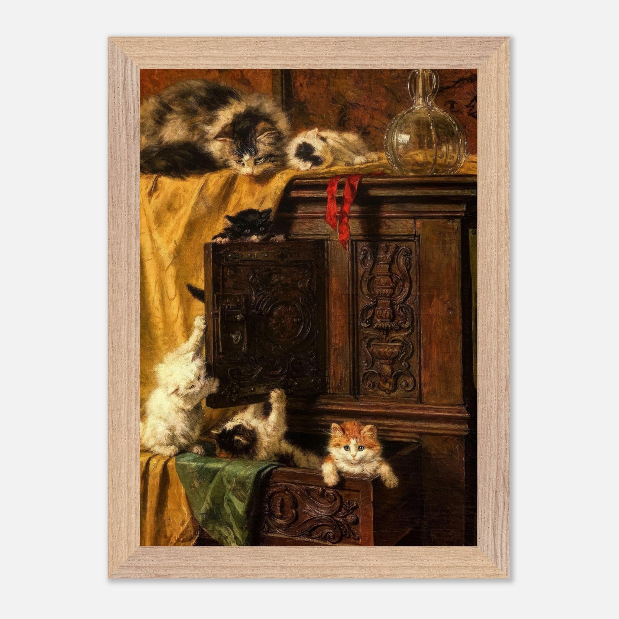 Vintage cat painting of playful kittens exploring a wooden cabinet, framed print showcasing rich details.