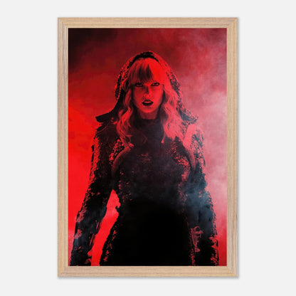 Vintage framed print of Taylor Swift in a dramatic red setting, capturing the essence of her "Red" era performances.