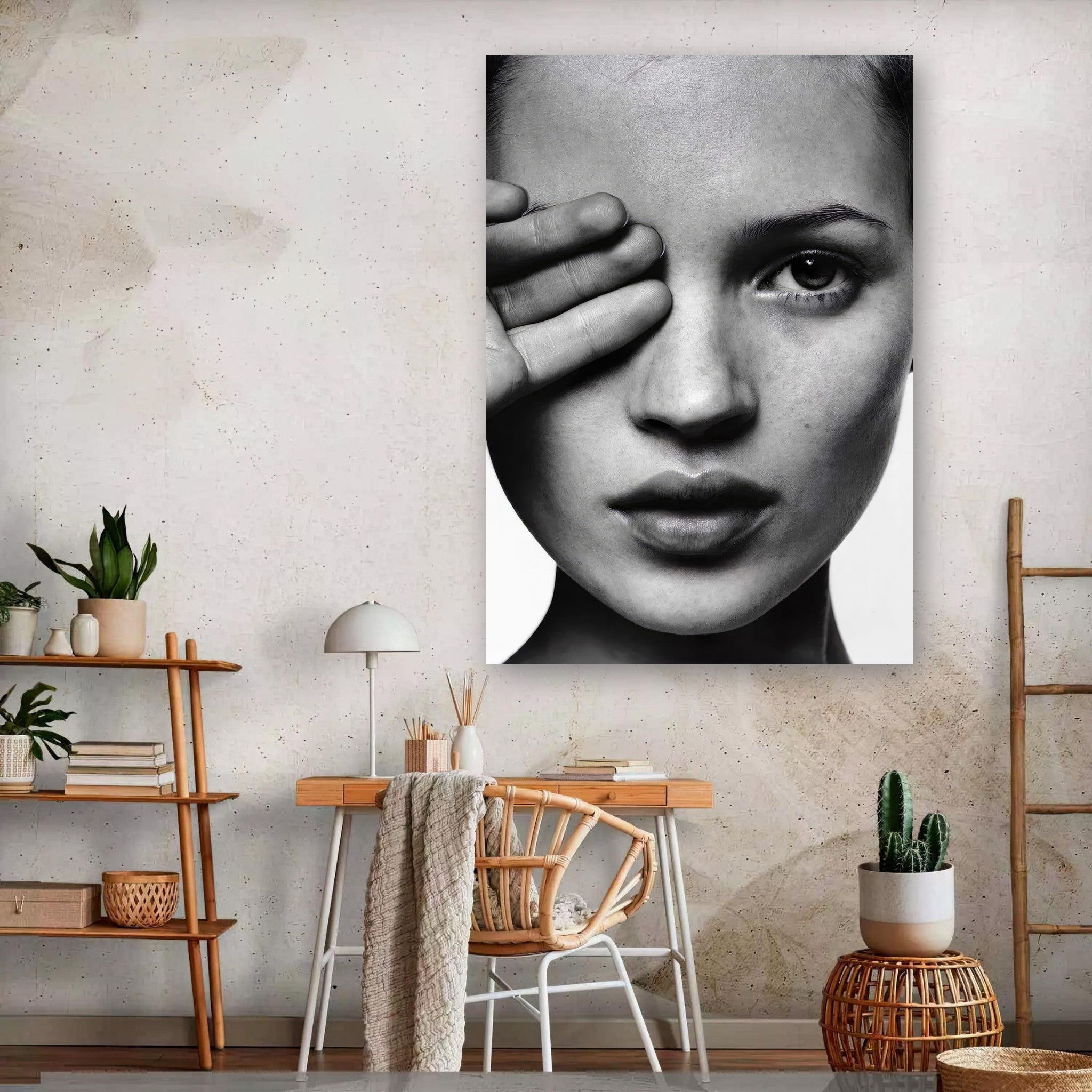 Kate Moss black and white photography metal print, showcasing elegance and beauty in a modern interior setting.