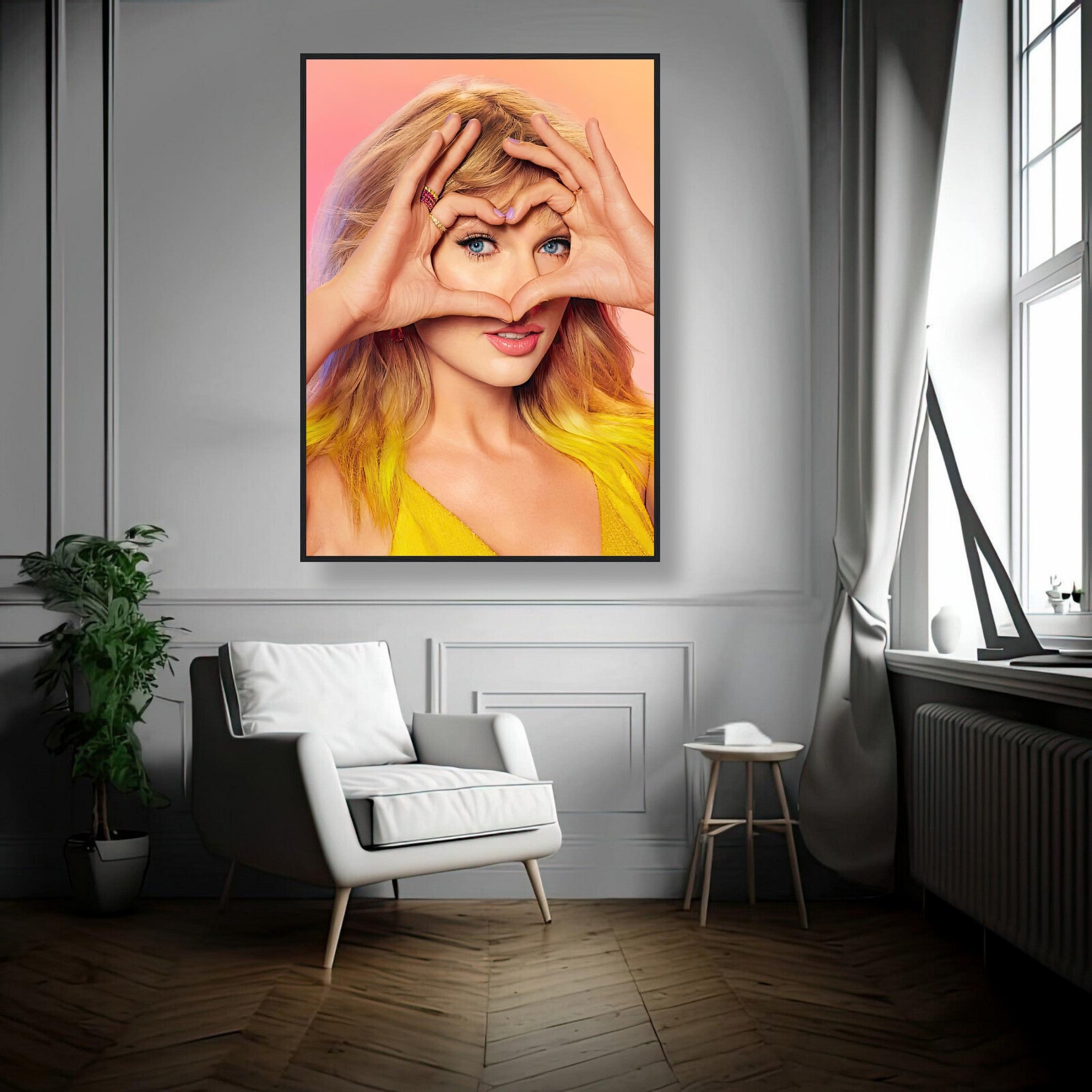 Taylor Swift Fan Love framed print in stylish living space, showcasing vibrant colors and captivating pose.