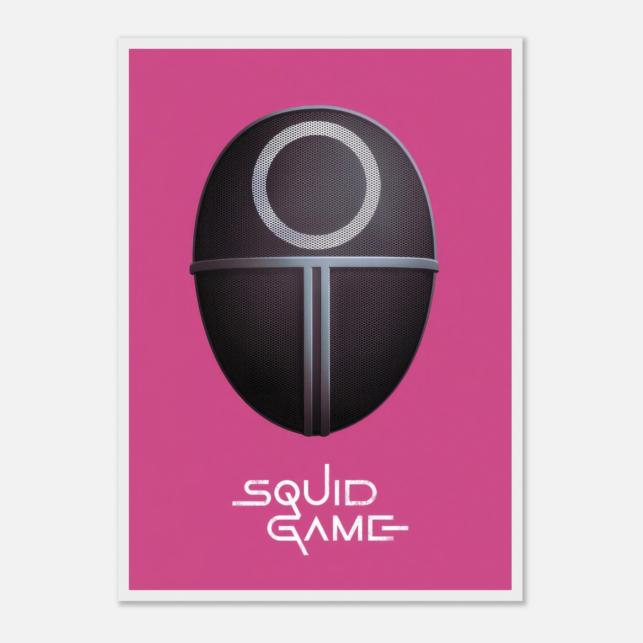 Squid Game Guard Mask framed print on a bold pink background, featuring minimalist design perfect for fans of the Netflix series.