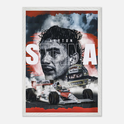 Framed fine art print of Ayrton Senna, featuring vibrant colors and dynamic design, perfect for F1 fans and collectors.