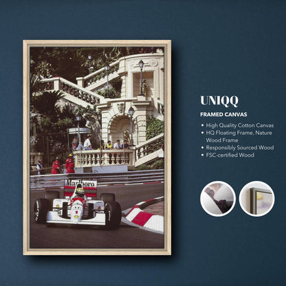 Framed canvas print of Ayrton Senna racing in Monaco, showcasing high-quality craftsmanship and vibrant colors.