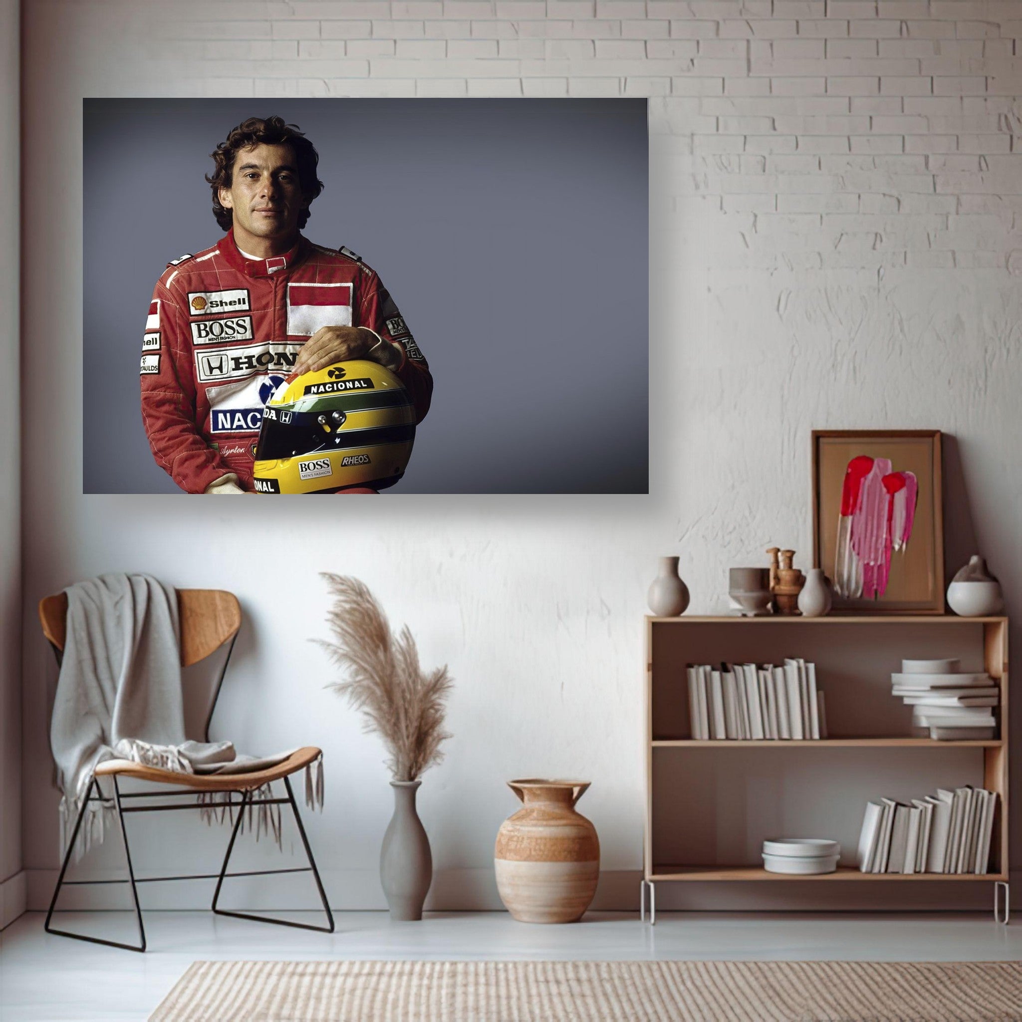 Ayrton Senna poster featuring him in a red racing suit holding his helmet, perfect for motorsport enthusiasts.