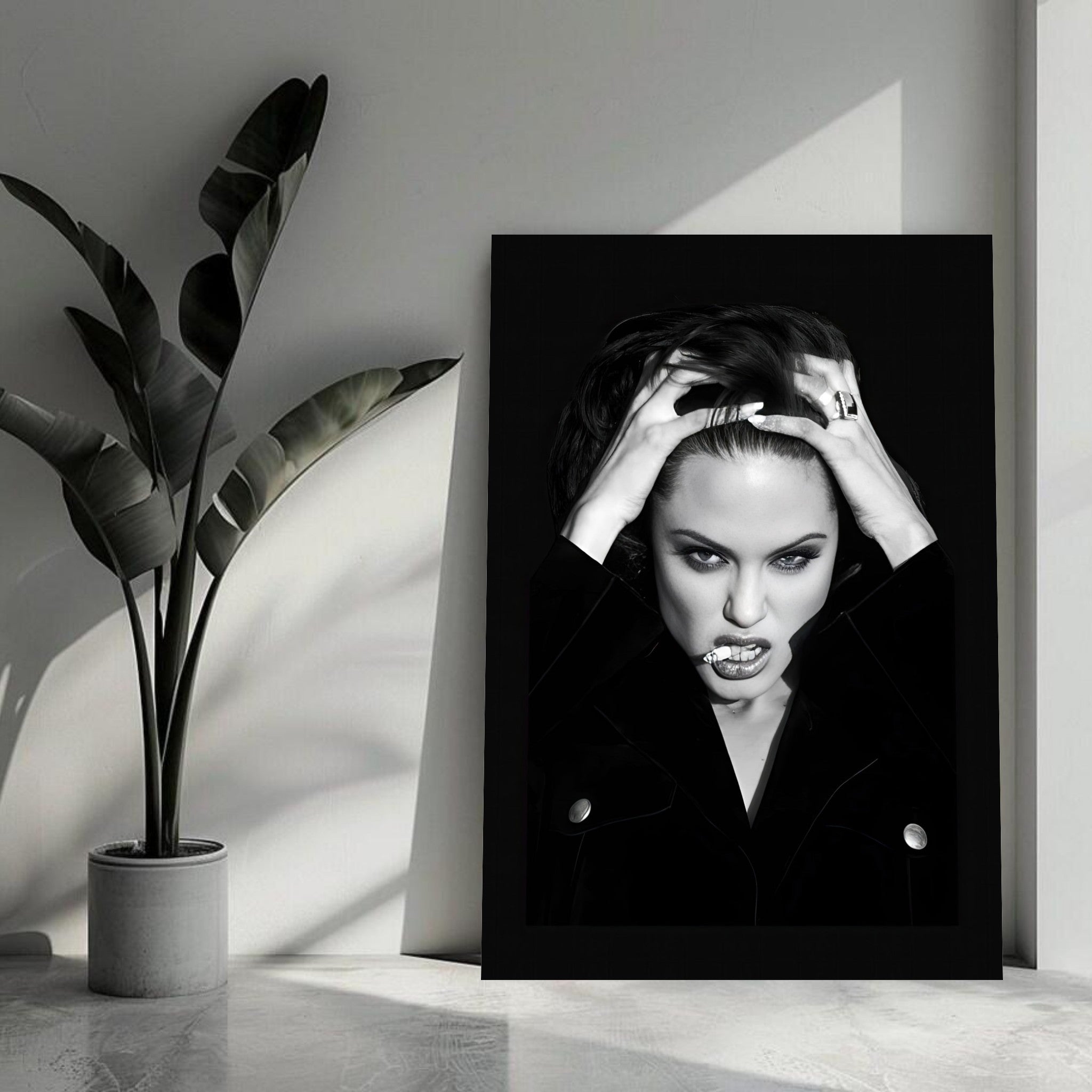 Angelina Jolie Smoking metal print in a modern home setting, showcasing bold black-and-white artistic expression.