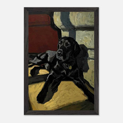 Black Labrador dog painting in soft light, showcasing loyalty and sophistication, framed museum-quality fine art.