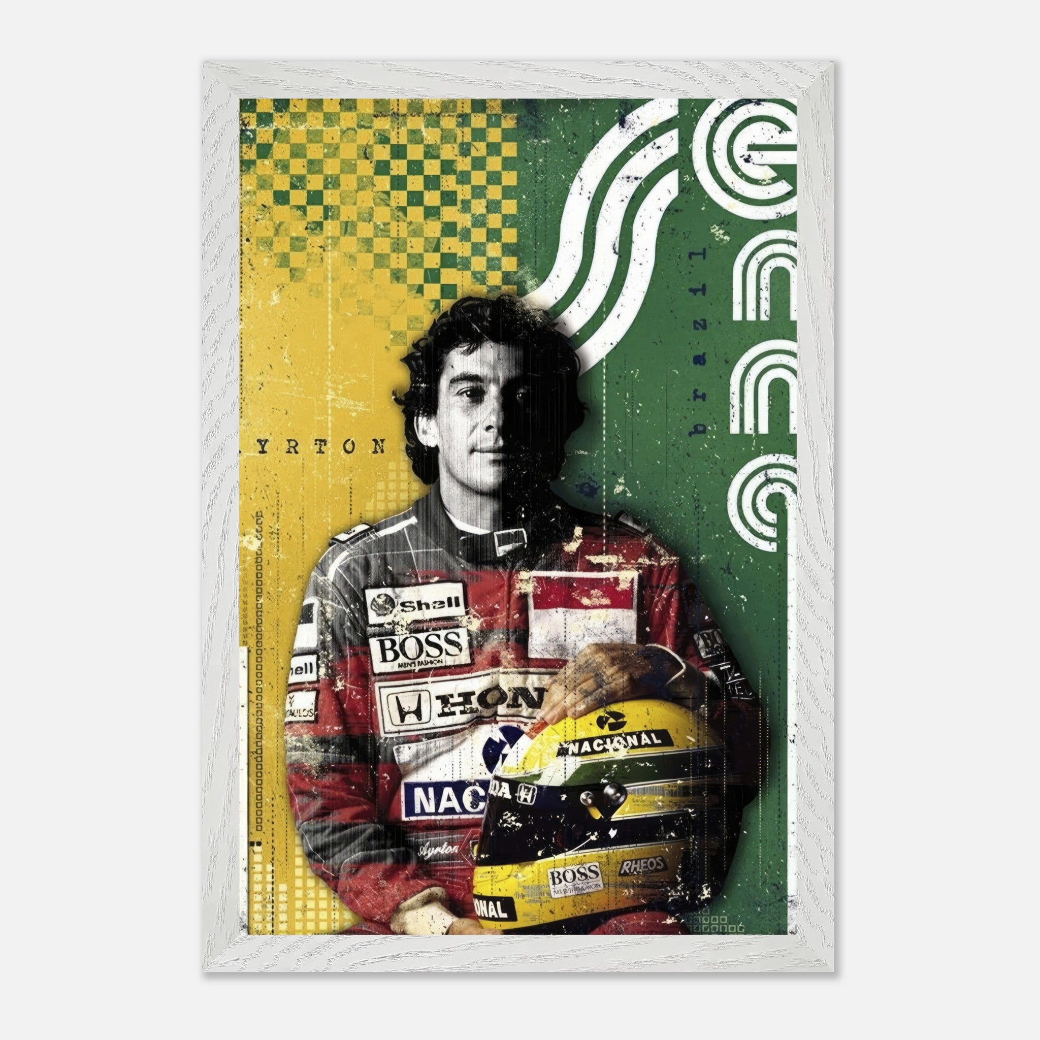 Vintage framed print of Ayrton Senna in F1 gear with Brazilian colors and retro design celebrating his legacy.