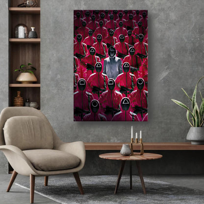 Squid Game Guards canvas print featuring striking imagery of guards in red uniforms and masks, perfect for fans.