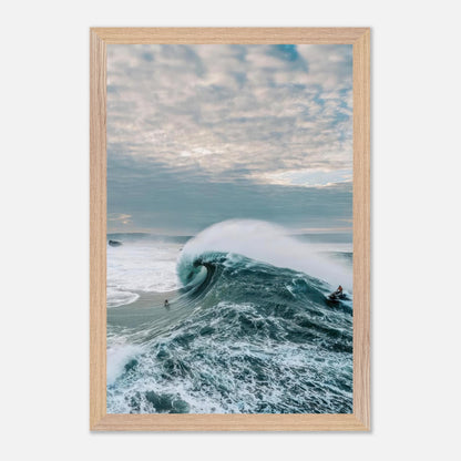 Breathtaking fine art print of big wave surfing capturing a surfer riding a colossal wave on a moody day.