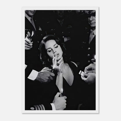 Lana Del Rey smoking in a striking black-and-white framed print, surrounded by admirers in an iconic Hollywood scene.