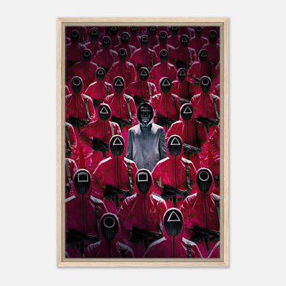 Squid Game Guards framed canvas print featuring iconic red-uniformed guards and a central figure, capturing the show's suspense.