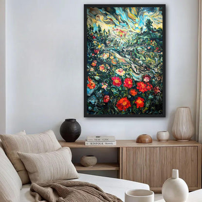 Framed abstract floral landscape painting with colorful details in a modern living room setting.