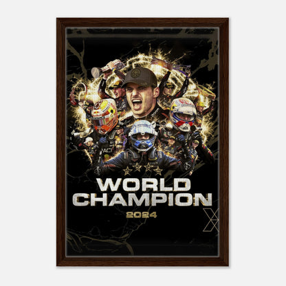 Framed canvas print celebrating Max Verstappen as 2024 F1 World Champion with vibrant racing imagery and bold text.