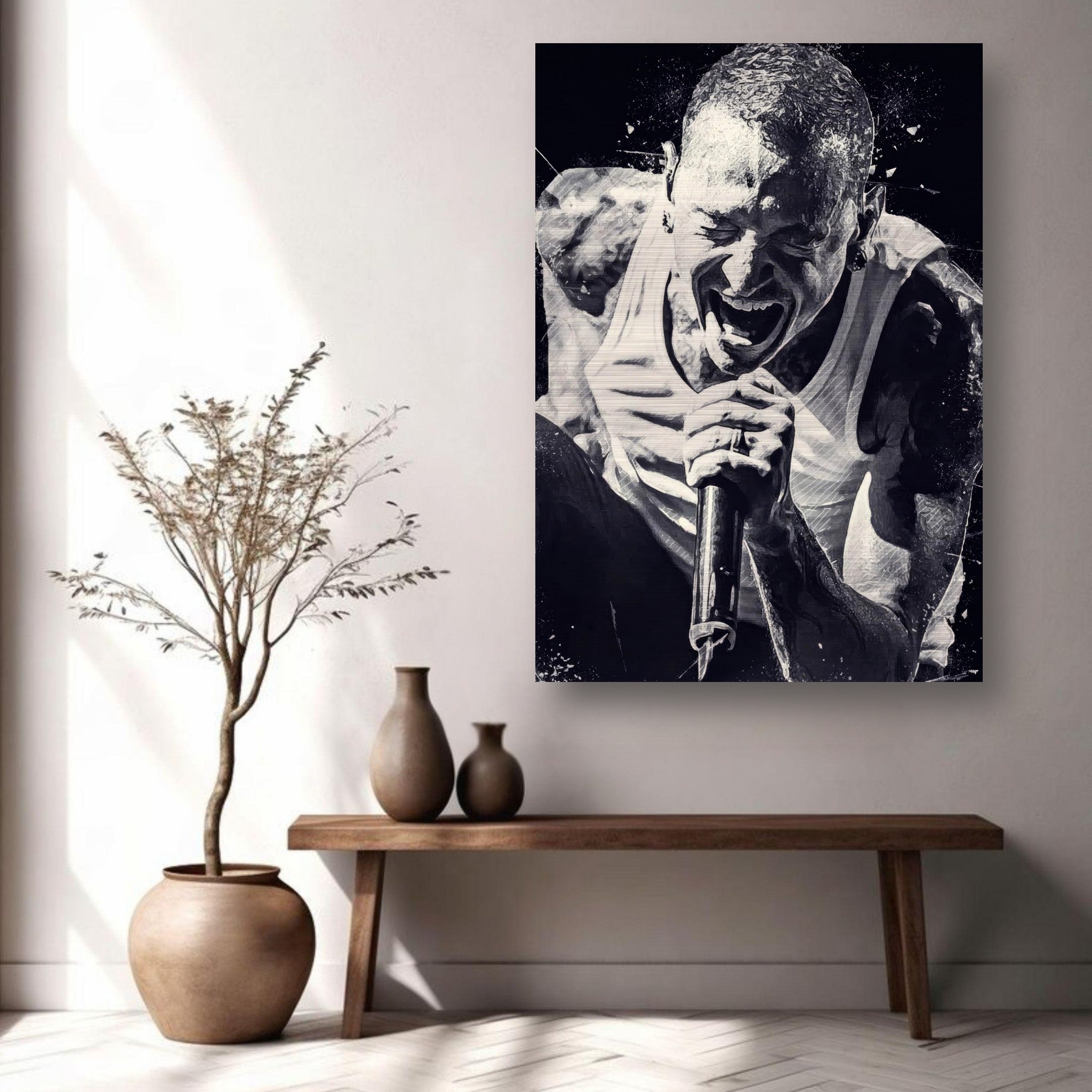 Chester Bennington brushed metal print showcasing his electrifying performance for Linkin Park fans.