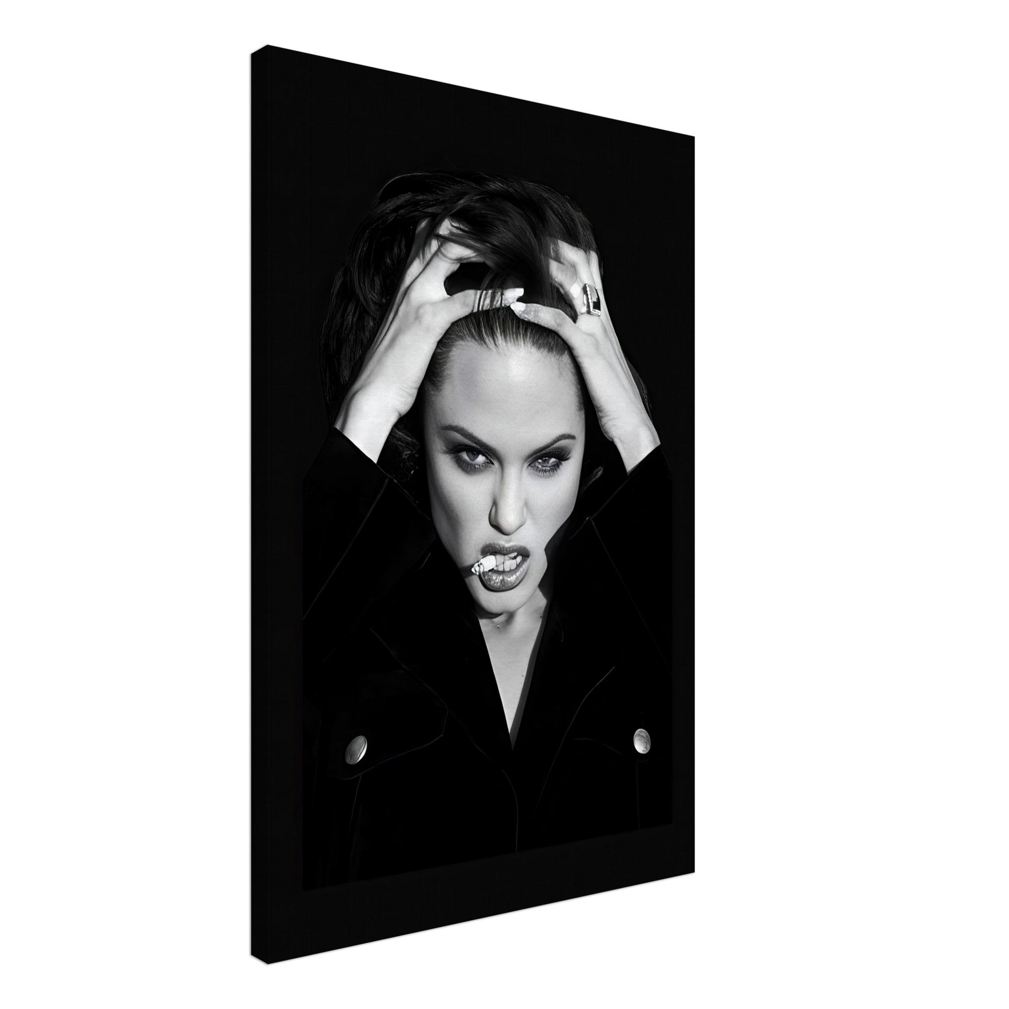 Angelina Jolie smoking portrait canvas in striking black-and-white, showcasing elegance and intensity for modern decor.