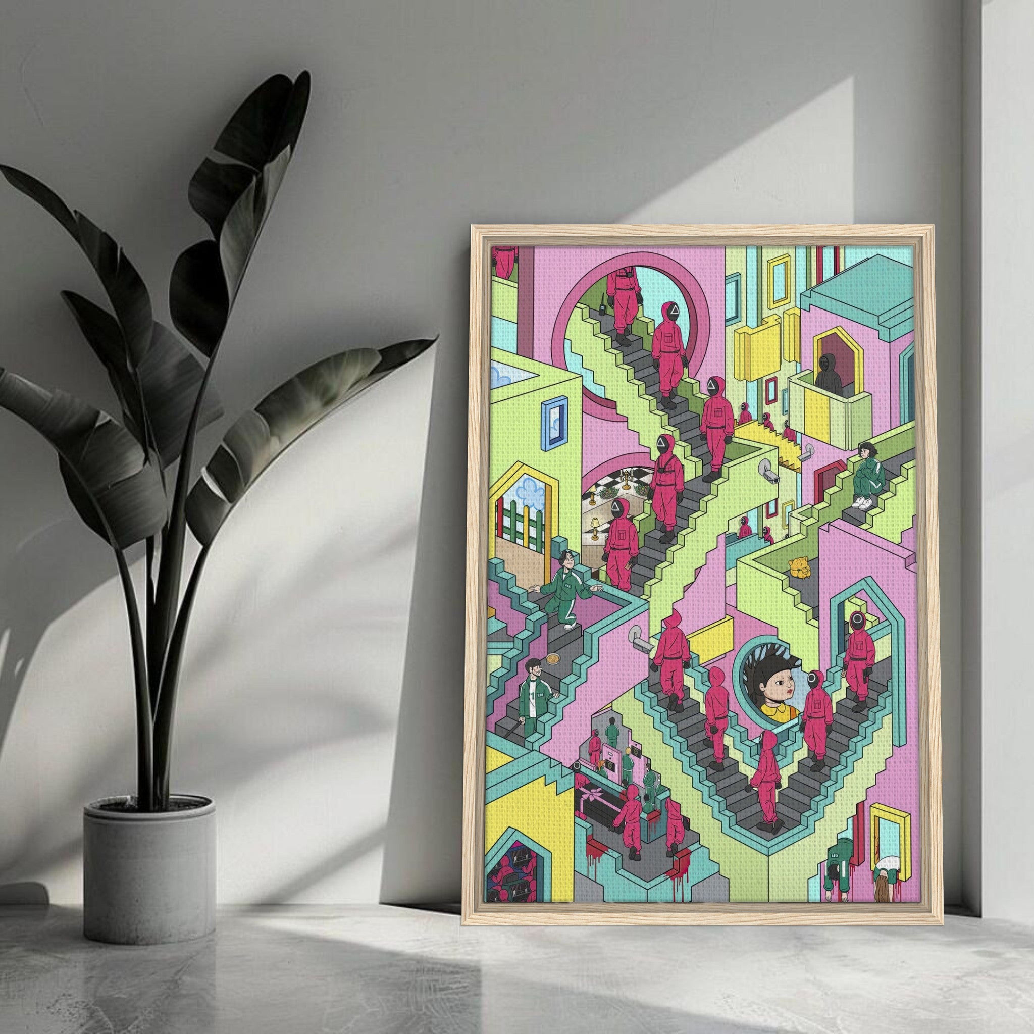 Squid Game Stairs framed canvas print featuring vibrant colors and intricate staircases with masked figures navigating the design.