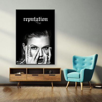 Taylor Swift Reputation framed print in modern living room setting, showcasing bold black-and-white imagery.