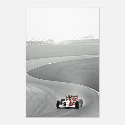 Ayrton Senna racing the McLaren MP4/4 on track, capturing a moment from 1988 Formula 1 history, premium metal print.