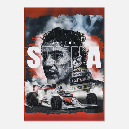 Ayrton Senna F1 legend poster featuring vibrant colors and bold designs capturing the spirit of racing.