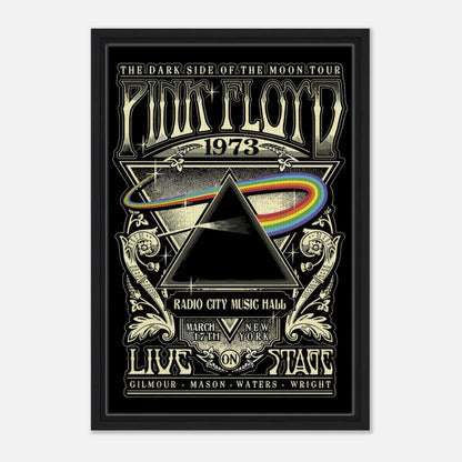 Pink Floyd 1973 Dark Side of the Moon tour poster, framed canvas print with prism and rainbow design.