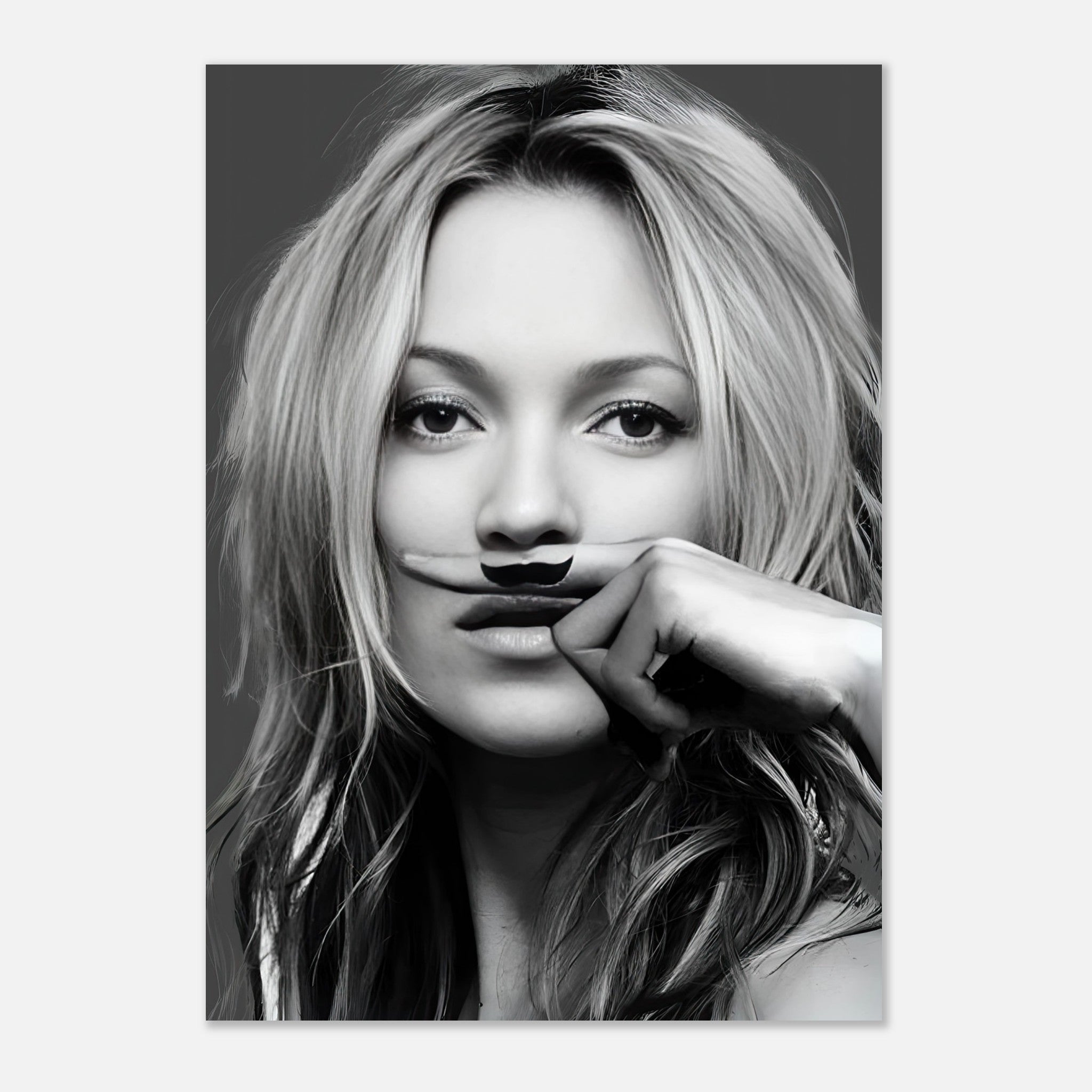 Kate Moss Mustache poster featuring a playful hand-drawn mustache on a black and white portrait.