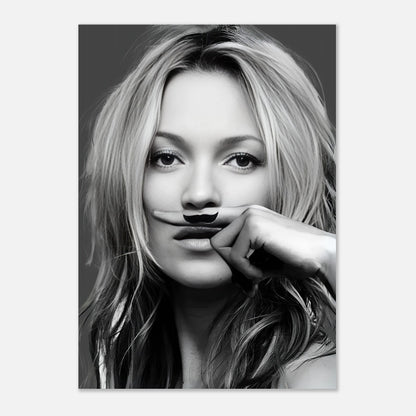 Kate Moss Mustache poster featuring a playful hand-drawn mustache on a black and white portrait.