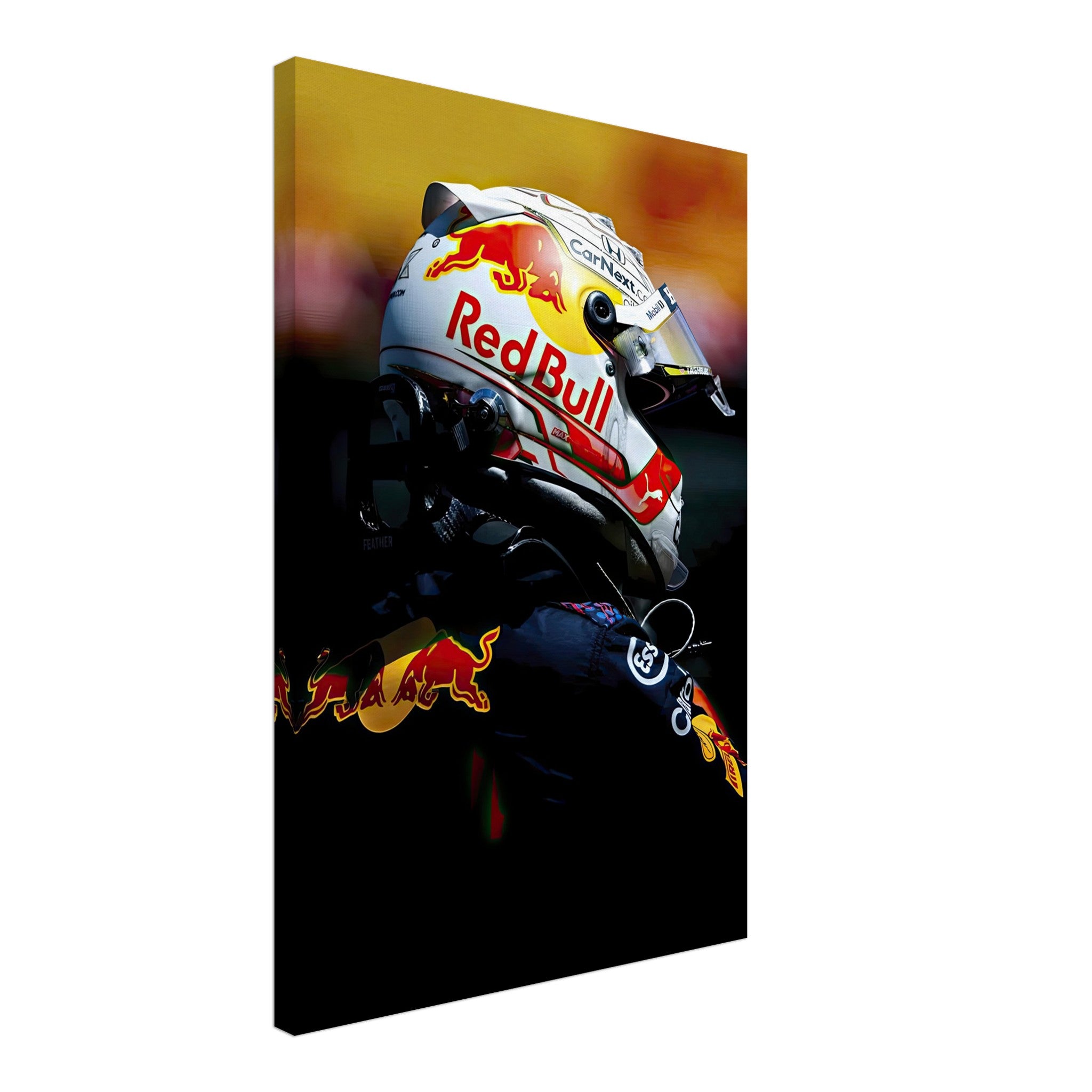 Max Verstappen canvas print featuring Red Bull Racing helmet design, vibrant details for dynamic decor.