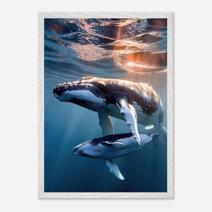 Underwater photography print of a humpback whale and calf, framed, with sunlight shimmering through water.