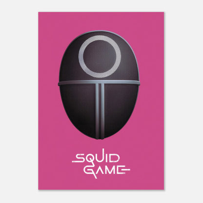 Squid Game Guard Mask Poster with iconic mask design on striking pink background, perfect for fans and wall art.