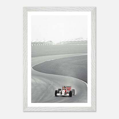 1988 Ayrton Senna McLaren MP4/4 framed Giclée fine art print capturing Formula 1 racing speed and precision.